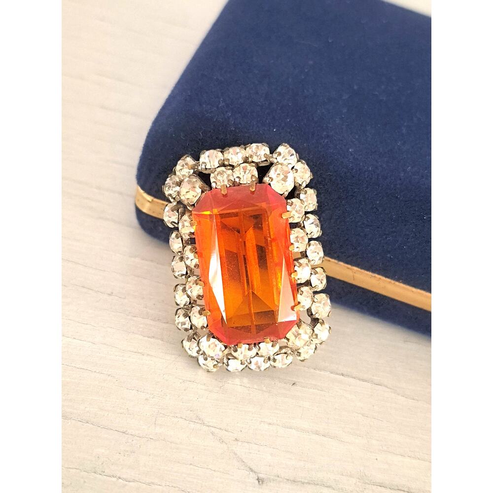 Vintage Orange and Clear Rectangle Statement Brooch